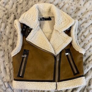 Zara // Brown Faux-Suede Cream Sherpa Vest